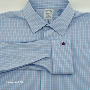 Brooks Brothers Classic Fit Non Iron Supima Cotton Dress Shirt Blue Plaid 17 34